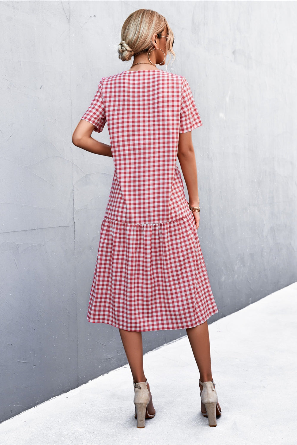 Plaid V-Neck Short Sleeve Dress Trendsi