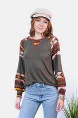 Celeste Full Size Geometric Round Neck Long Sleeve Top - Trendsi