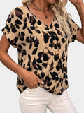 Printed V-Neck Short Sleeve Blouse - Flyclothing LLC