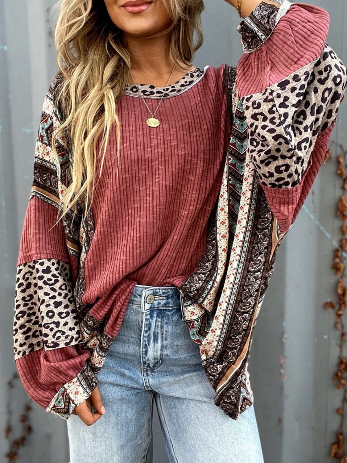 Leopard Round Neck Long Sleeve Sweatshirt - Trendsi