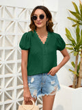 Swiss Dot Lace Detail V-Neck Blouse - Flyclothing LLC