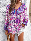 Printed Tie Neck Long Sleeve Blouse - Flyclothing LLC