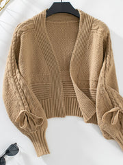 Cable-Knit Tied Open Front Lantern Sleeve Cardigan - Trendsi