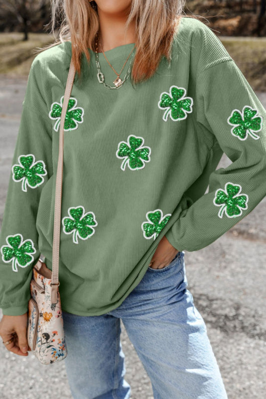 Sequin Lucky Clover Round Neck Long Sleeve Sweatshirt