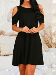 Round Neck Cold Shoulder Short Sleeve Dress - Flyclothing LLC