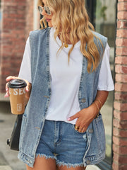 Full Size V-Neck Button Up Denim Vest