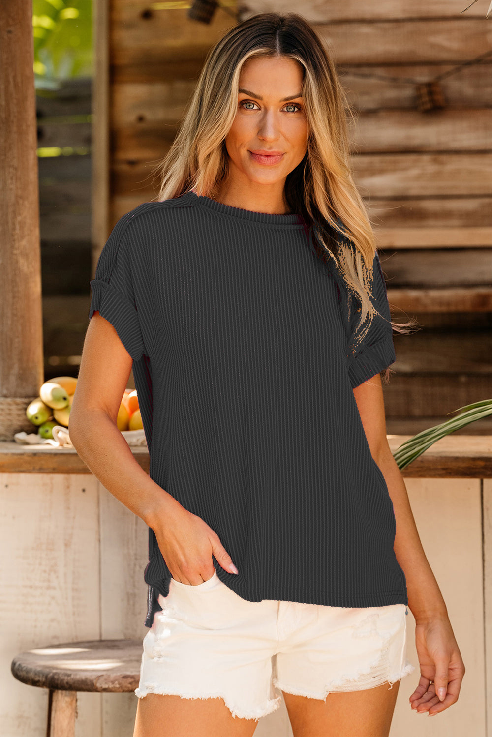 Exposed Seam Round Neck Short Sleeve T-Shirt - Flyclothing LLC