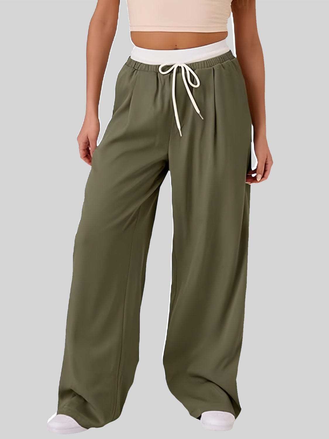 Contrast Waistband Drawstring Wide Leg Pants - Trendsi