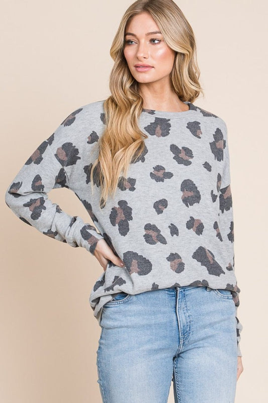 BOMBOM Leopard Drop Shoulder T-Shirt - Trendsi