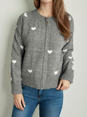 Heart Round Neck Zip Up Cardigan - Trendsi