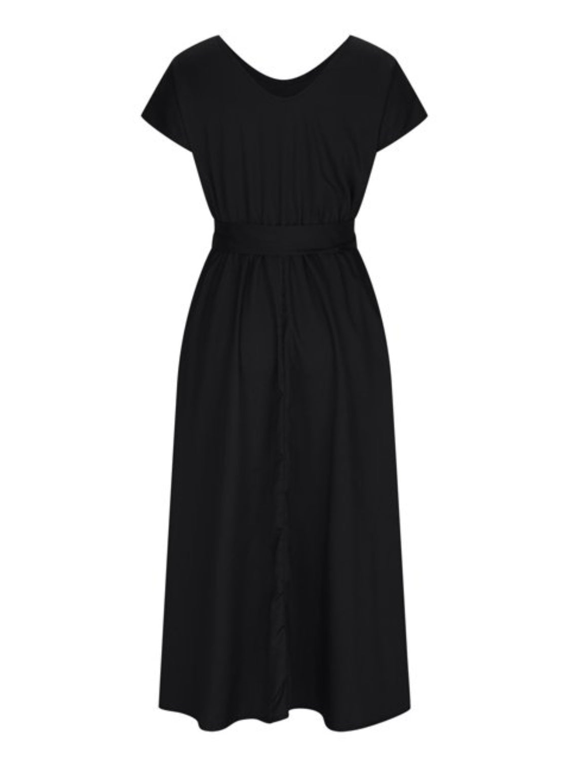 Ruched V-Neck Cap Sleeve Dress - Flyclothing LLC