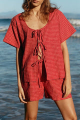 Plaid Tied Scoop Neck Short Sleeve Top and Drawstring Shorts Set