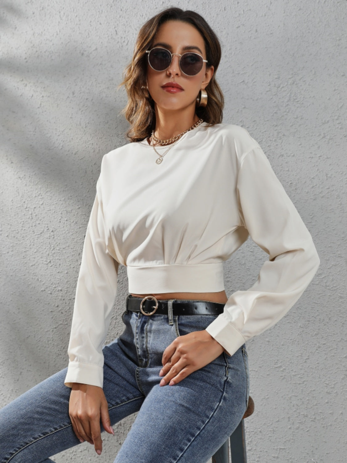 Round Neck Long Sleeve Blouse - Flyclothing LLC