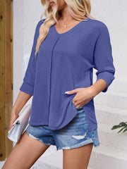 Textured Round Neck Three-Quarter Sleeve Blouse Trendsi