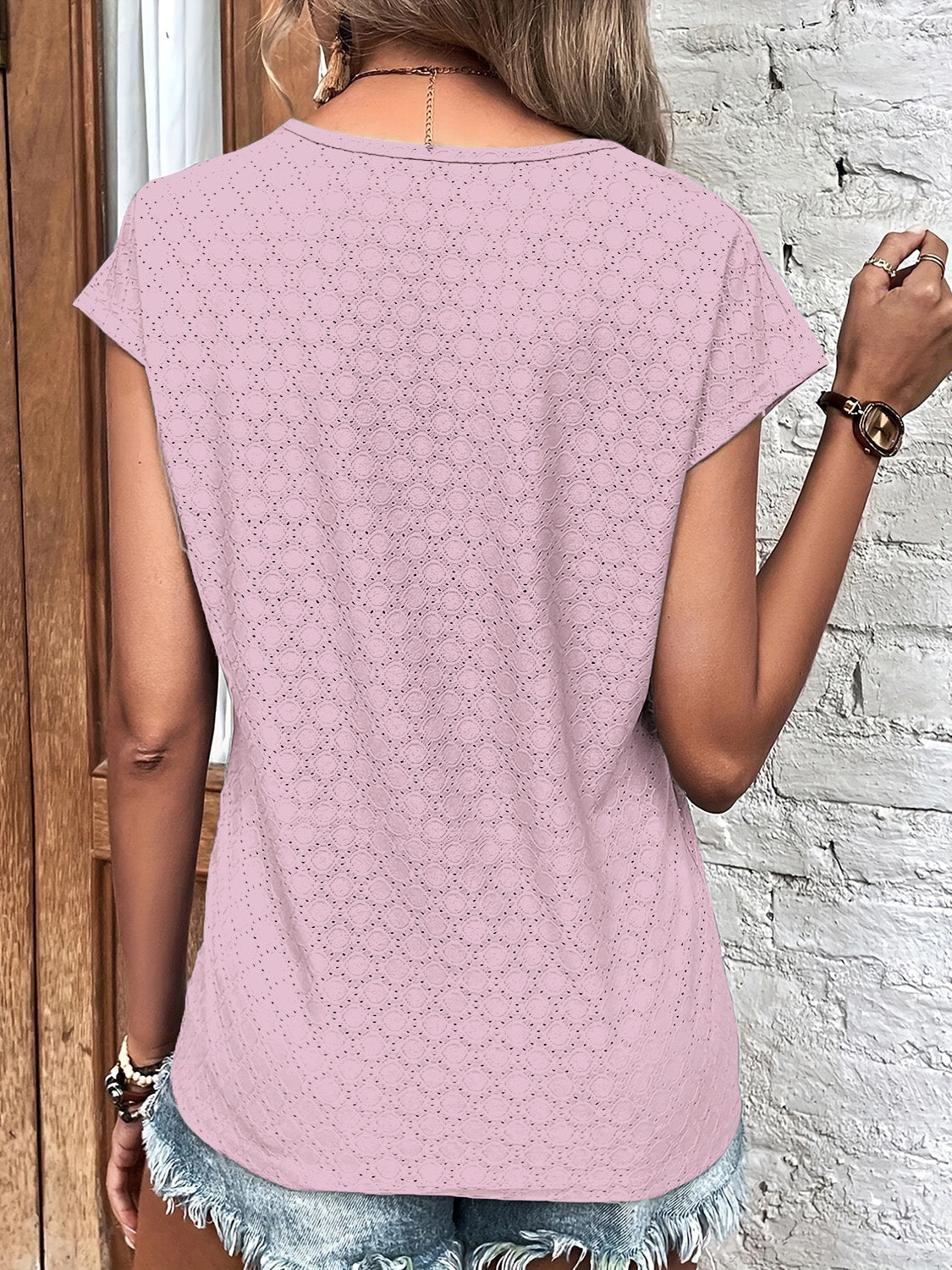 Eyelet V-Neck Cap Sleeve Blouse - Flyclothing LLC