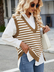 Slit V-Neck Striped Sweater Vest