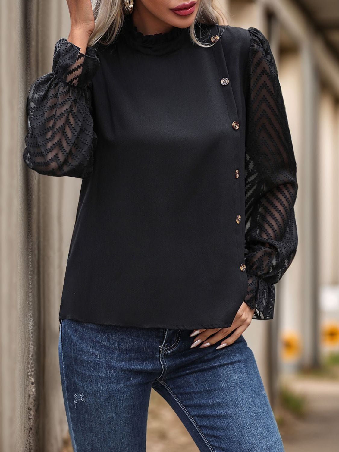 Mock Neck Flounce Sleeve Blouse - Trendsi