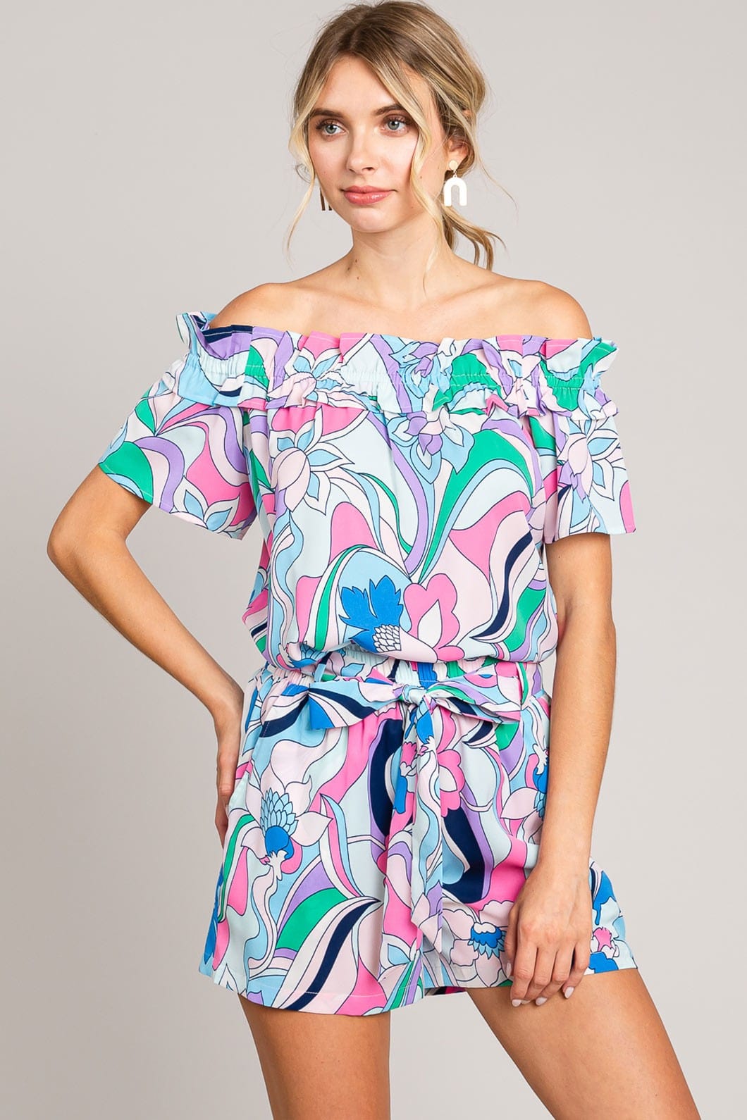 Cotton Bleu by Nu Label Abstracted Print Tie Front Shorts - Trendsi