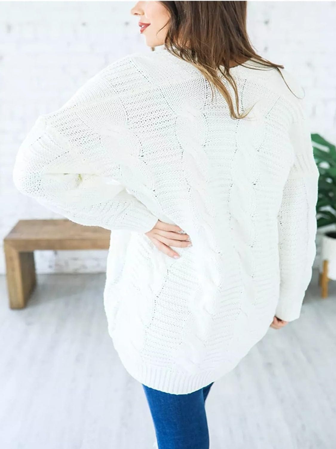 Cable-Knit Open Front Long Sleeve Cardigan - Trendsi