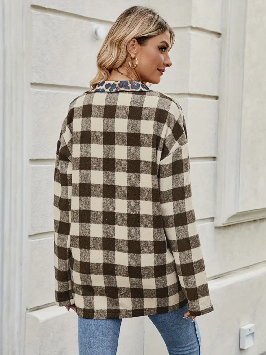 Leopard Trim Plaid Collared Neck Long Sleeve Shirt - Trendsi