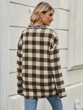 Leopard Trim Plaid Collared Neck Long Sleeve Shirt - Trendsi