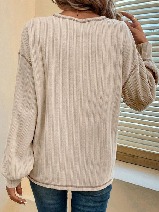 Mandy Contrast Stitching Round Neck Long Sleeve T-Shirt - Trendsi