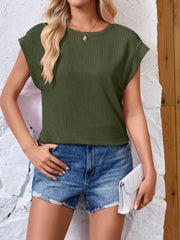 Textured Round Neck Cap Sleeve Blouse Trendsi