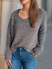 Heathered V-Neck Long Sleeve Sweater - Trendsi