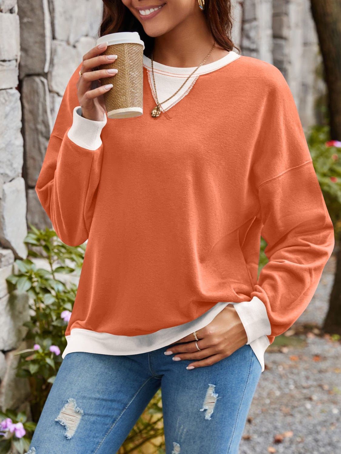 Contrast Round Neck Long Sleeve Sweatshirt - Trendsi