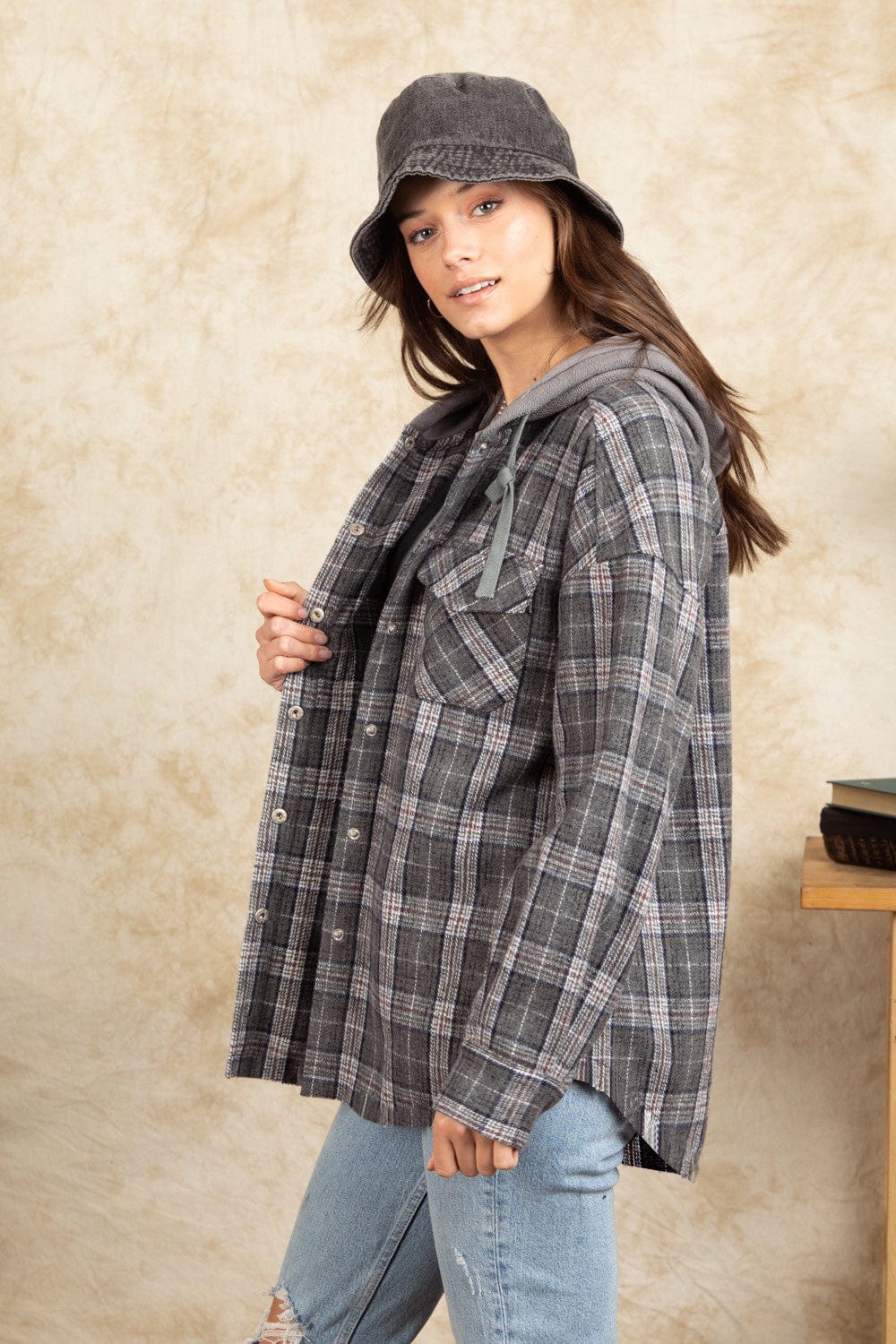 Drawstring Plaid Long Sleeve Hooded Jacket - Trendsi