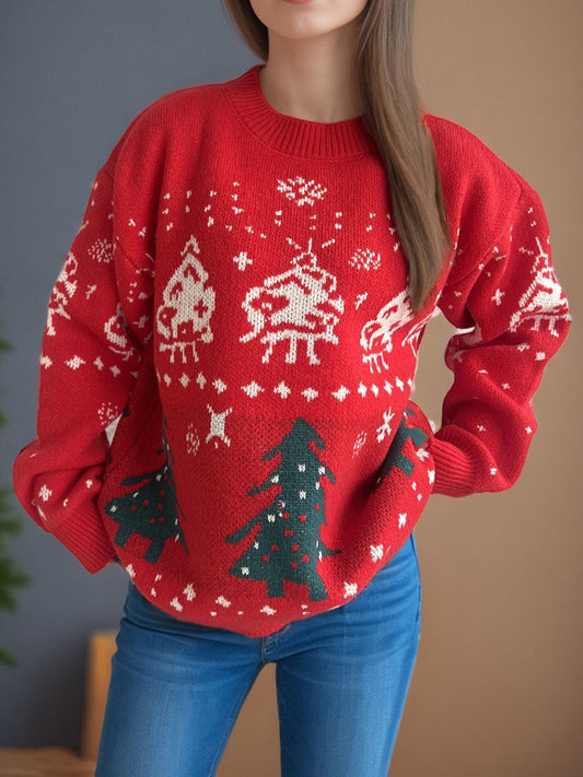 Christmas Element Round Neck Long Sleeve Sweater - Trendsi