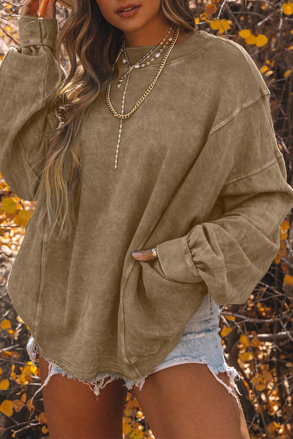 Twisted Plunge Neck Dropped Shoulder Sweatshirt - Flyclothing LLC