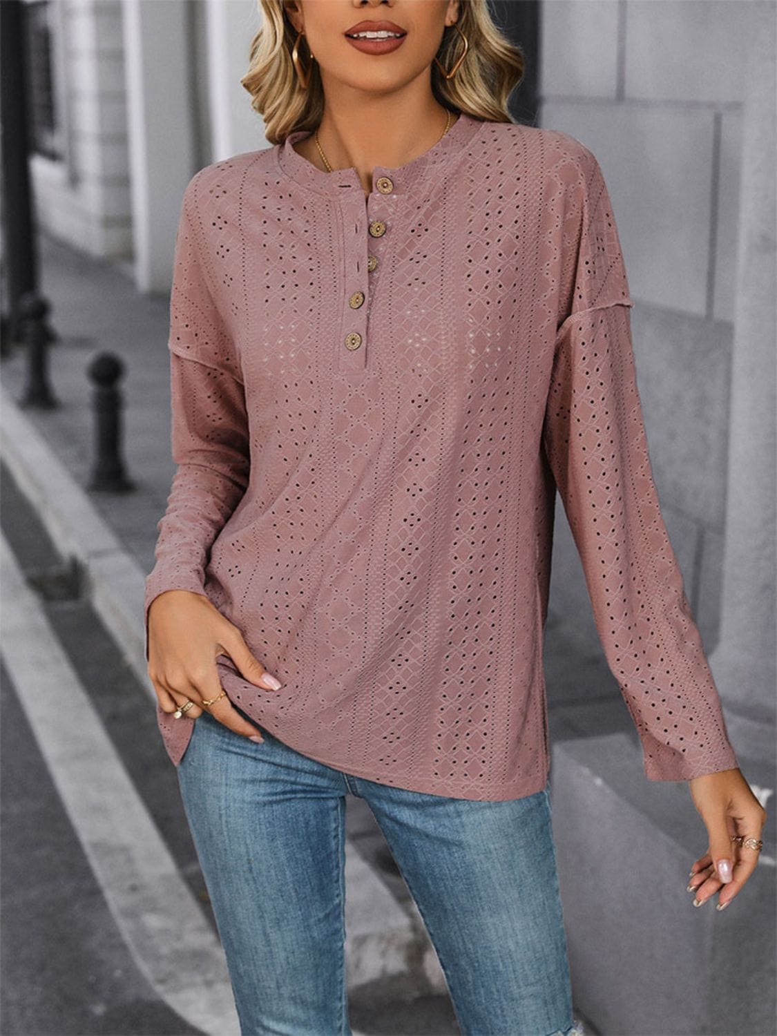 Eyelet Round Neck Long Sleeve Top - Trendsi