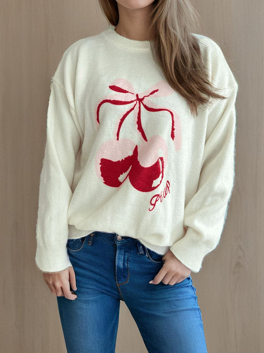 Cherry Round Neck Long Sleeve Sweater - Trendsi