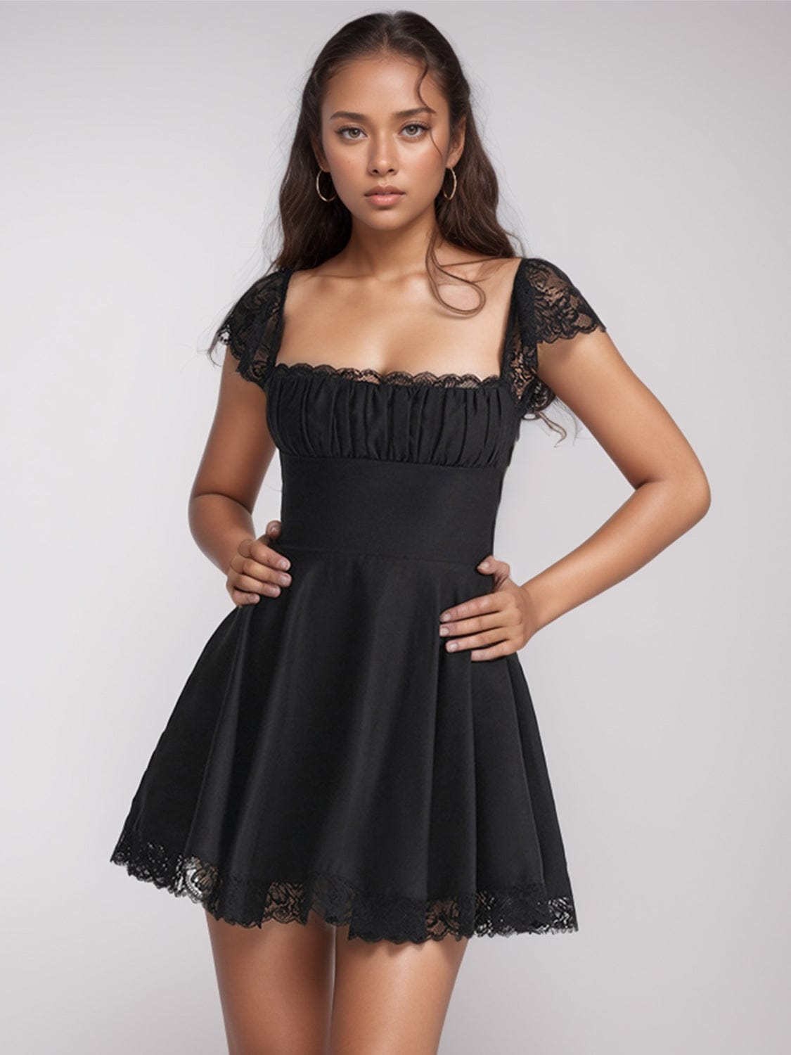 Lace Detail Square Neck Cap Sleeve Mini Dress - Trendsi