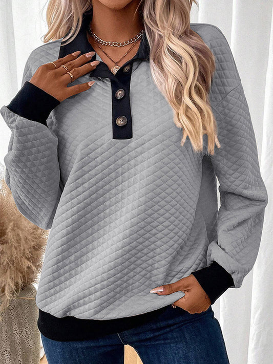 Texture Quarter Button Long Sleeve Sweatshirt