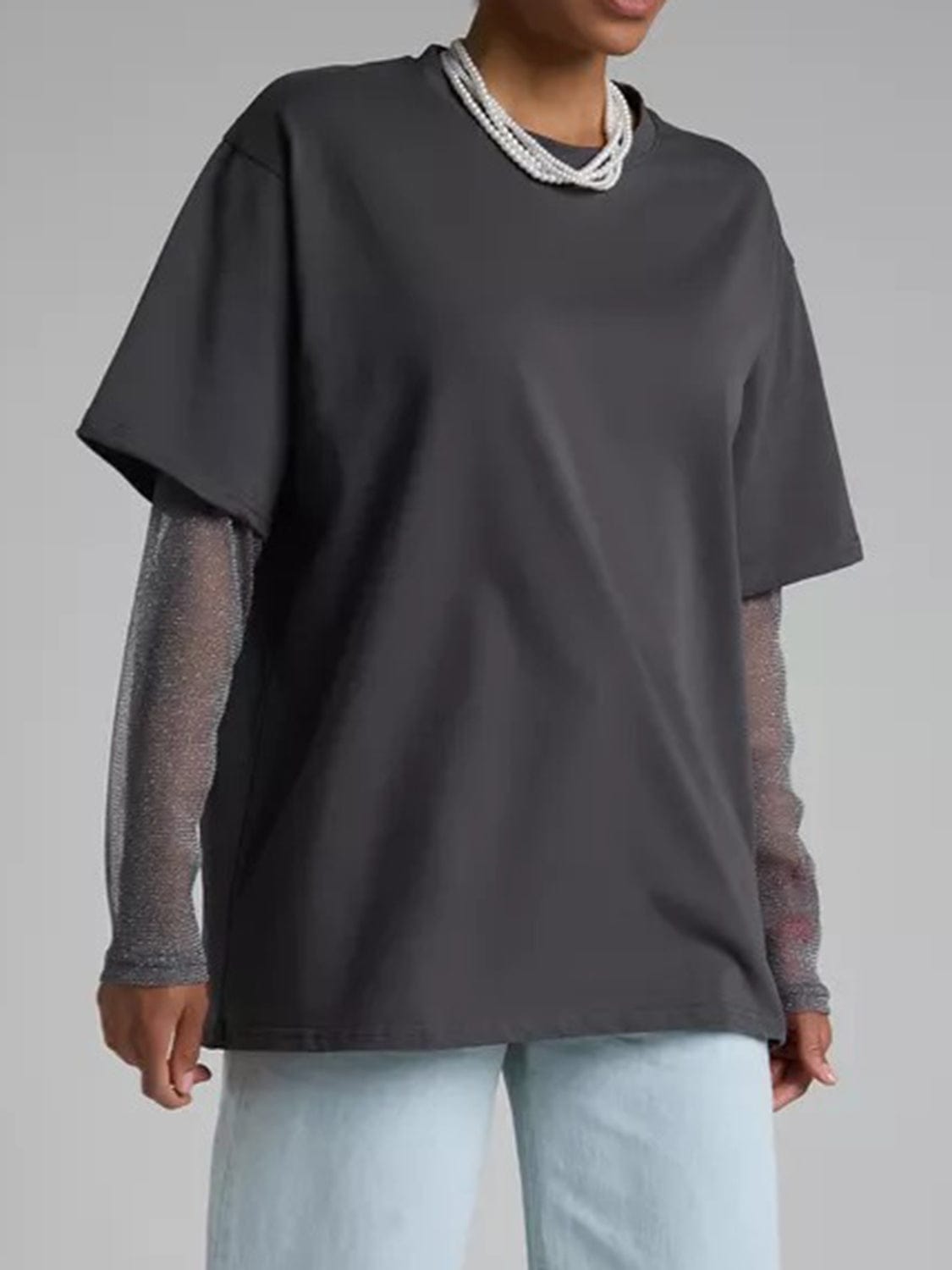 Faux Layered Round Neck Mesh Sleeve Top - Trendsi