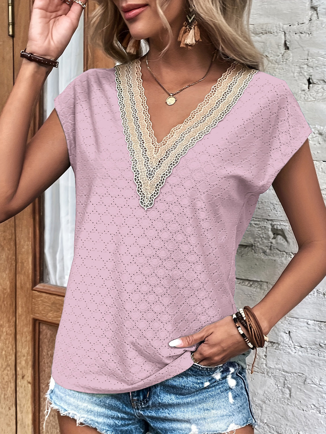 Eyelet V-Neck Cap Sleeve Blouse - Flyclothing LLC