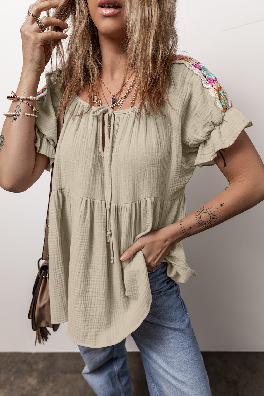 Embroidered Tie Neck Short Sleeve Blouse Trendsi