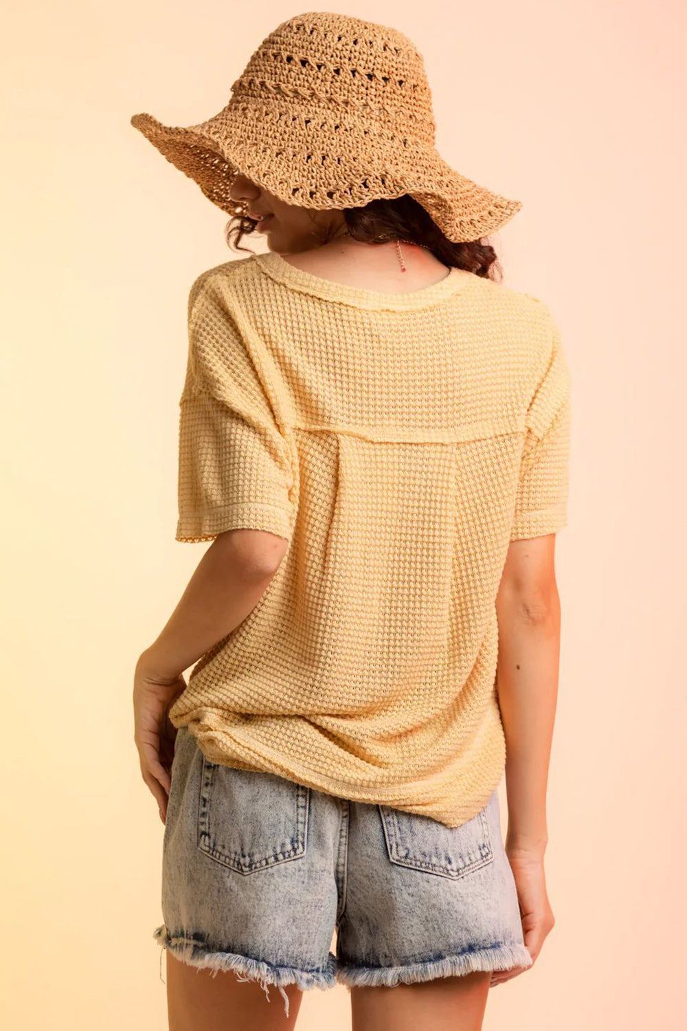 Waffle-Knit Notched Half Sleeve T-Shirt Trendsi