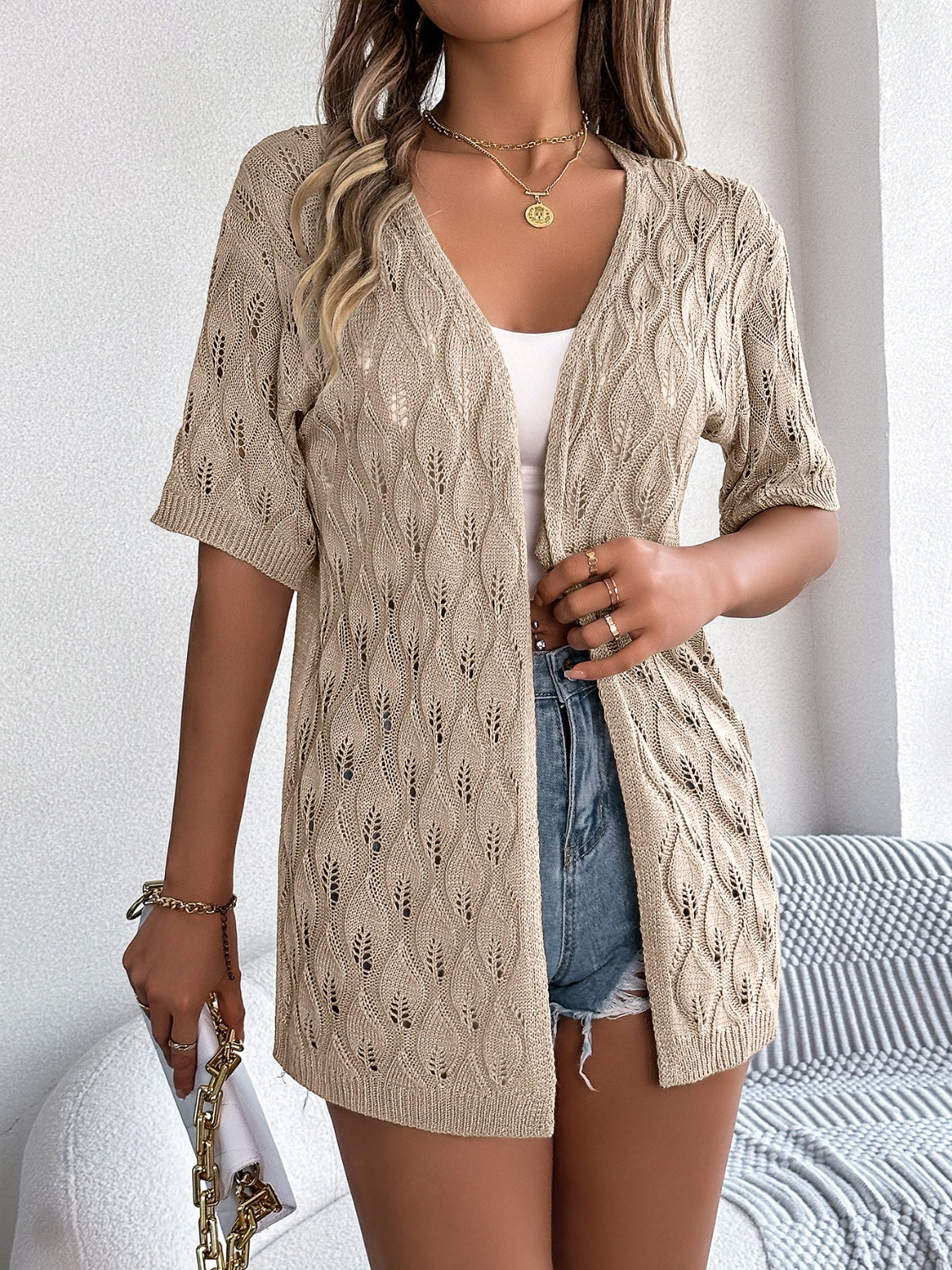 Openwork Open Front Short Sleeve Cardigan Trendsi