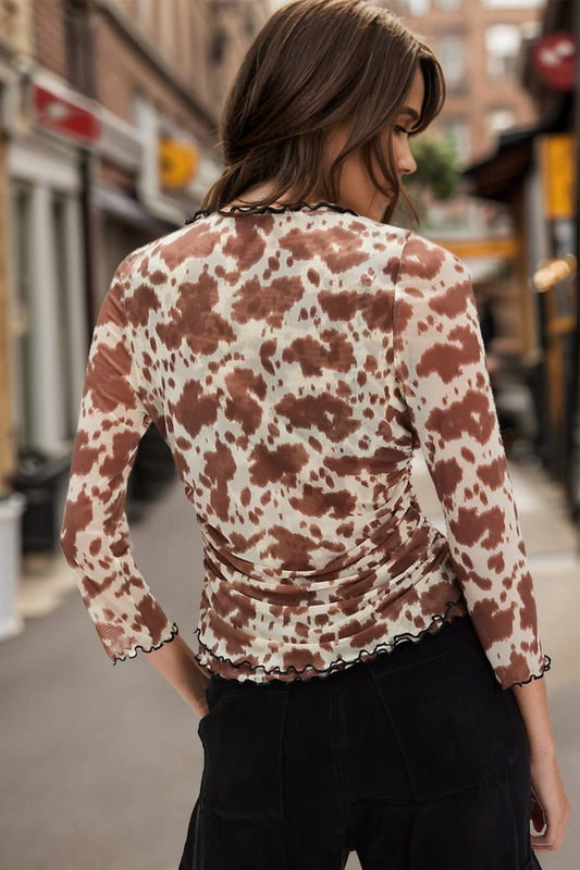 Oh Full Size Animal Print Button Down Plunge Top - Trendsi