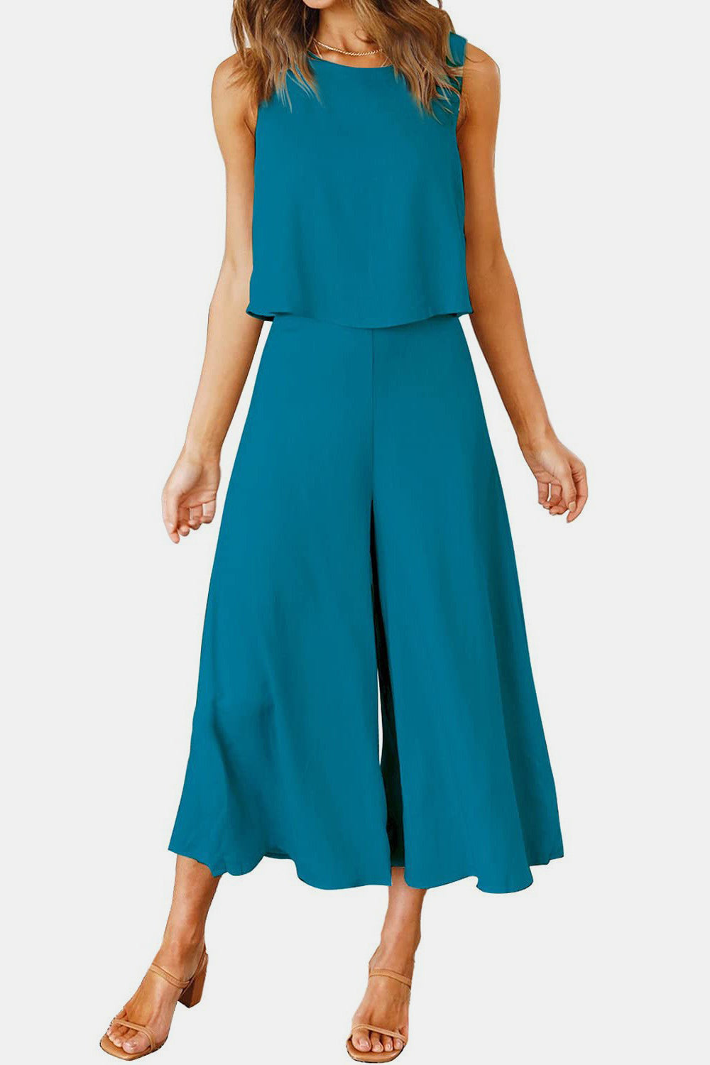 Round Neck Top and Wide Leg Pants Set Trendsi