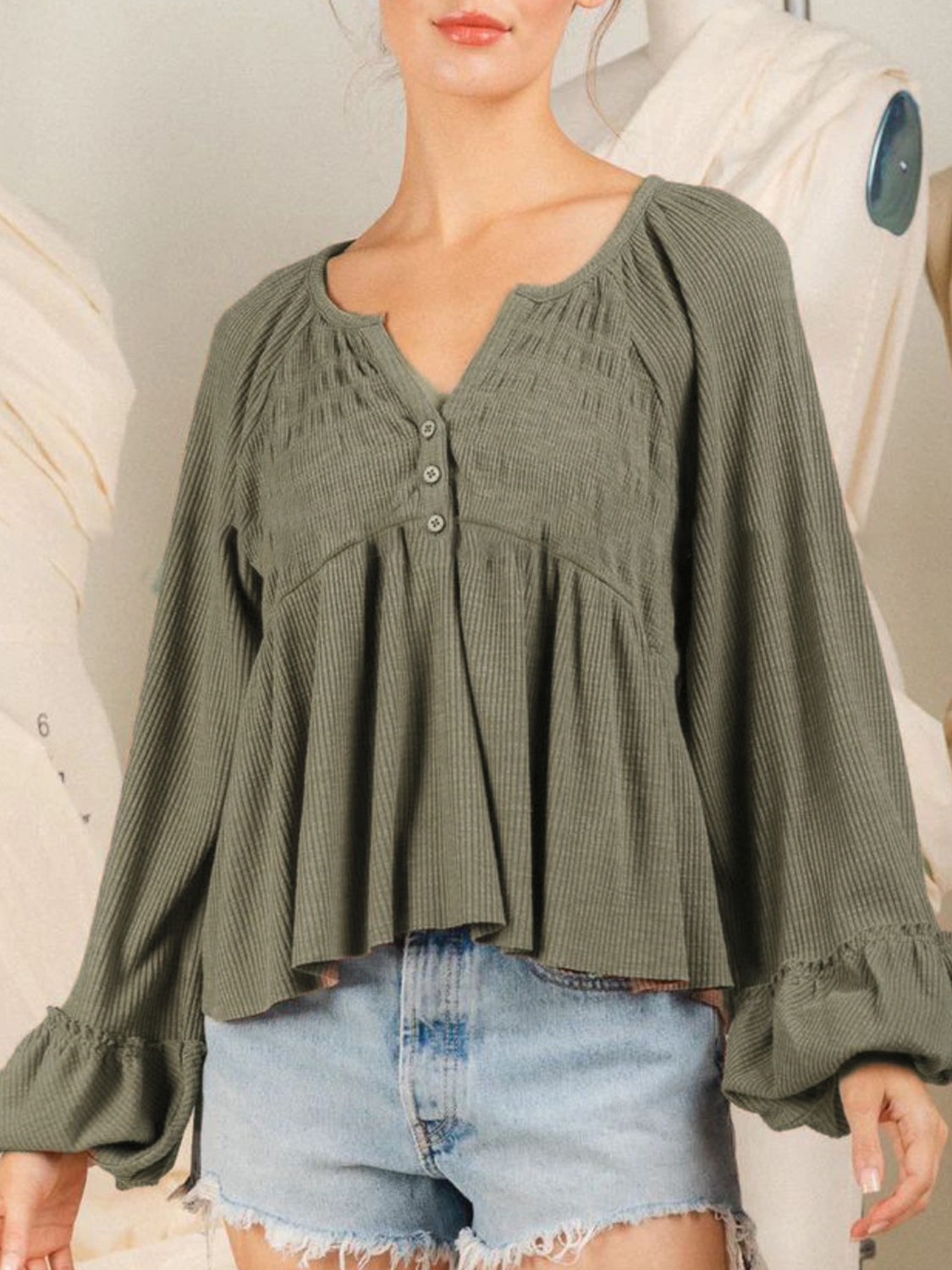 Notched Balloon Sleeve Peplum Blouse - Flyclothing LLC