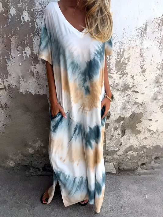 Full Size Pocketed Tie-Dye Short Sleeve Dress - Trendsi