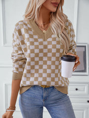 Checkered V-Neck Dropped Shoulder Sweater - Trendsi