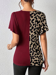 Ruched Leopard Flutter Sleeve T-Shirt