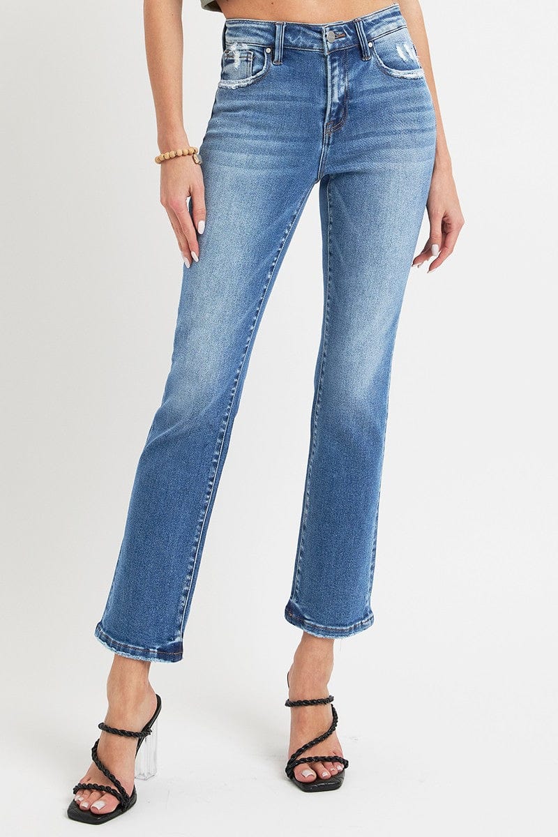 RISEN Full Size Mid Rise Ankle Straight Jeans with Pockets - Trendsi