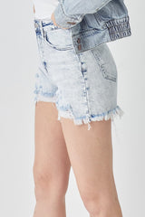 RISEN Raw Hem Distressed High Rise Denim Shorts - Trendsi