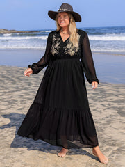 Plus Size Embroidered Tie Neck Long Sleeve Dress - Trendsi